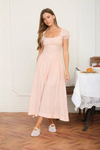 Load image into Gallery viewer, RUCHED DETAIL SCOOP NECK PUFF SLEEVE MIDI DRESS: DUSTY APRICOT
