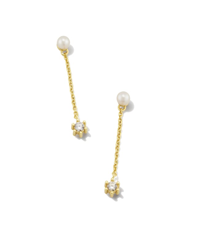 Leighton Gold Pearl Linear Earrings in White Pearl